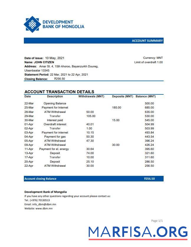 Printable Mongolia Development Bank of Mongolia bank statement excel real example